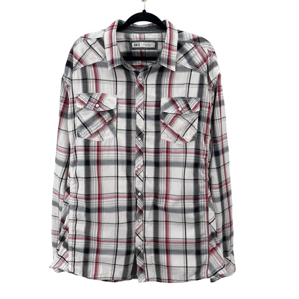 BKE Men's Athletic Fit Red/Gray/Black Plaid Snap Button 2XL Casual Top Buckle
